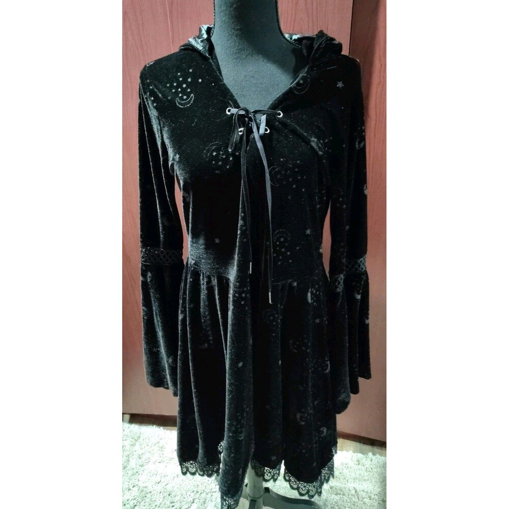 Adult CELESTIAL COVEN Hooded Dress WITCH COSTUME Black VELVET HI-LO Large GOTH - Picture 10 of 13